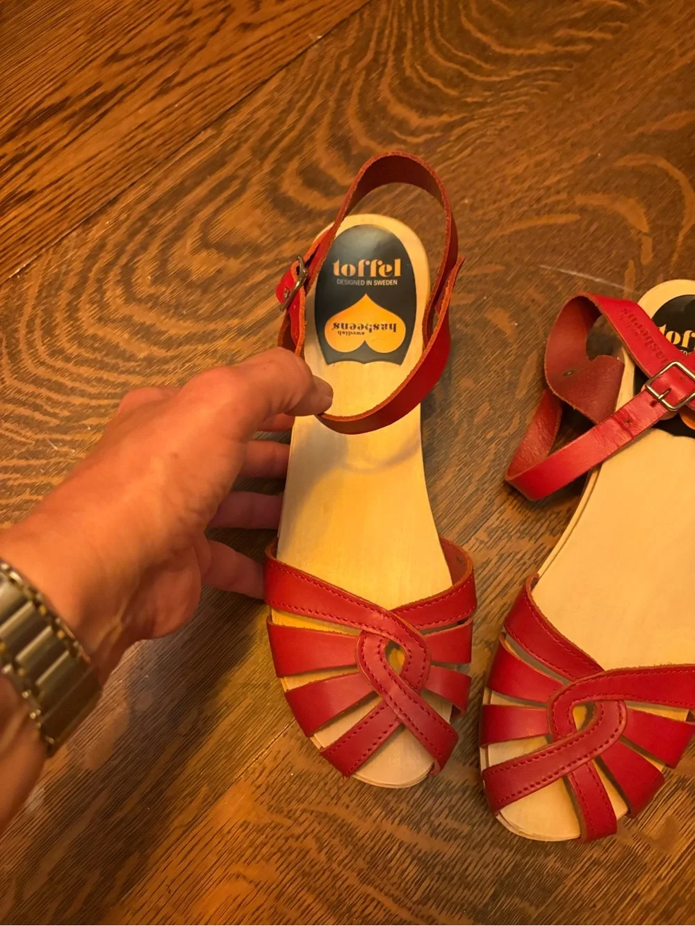 Swedish Hasbeens Red Leather Strappy Wood Platform Sandals